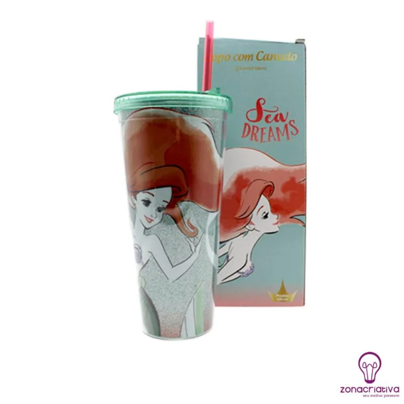 Copo Canudo Grande Com Gliter Ariel Aqua Em Pvc Com 650 Ml - Zonacriativa
