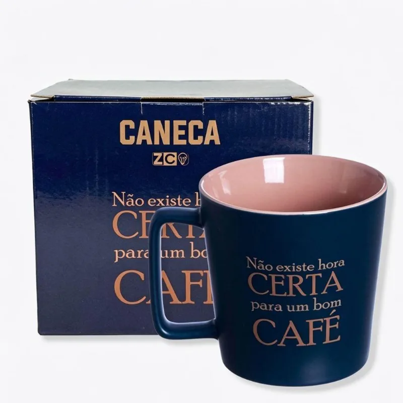 Caneca Buck Nao Existe Hora Certa Bom Cafe Cerâmica Design Elegante Azul com Rosa Zonacriativa 450ML