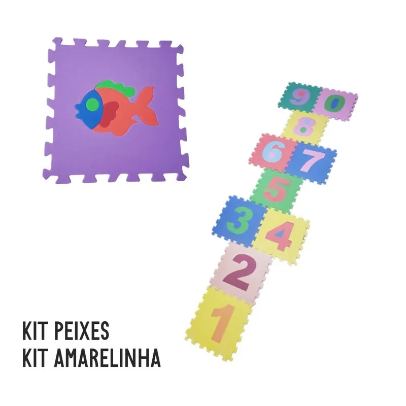 Kit Tapete Eva Amarelinha + Peixes 19 Pçs 30x30 Cm