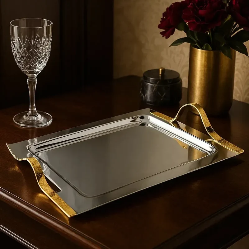 Bandeja Craquele Retangular Grande Inox com Detalhes em Ouro 24K Riva