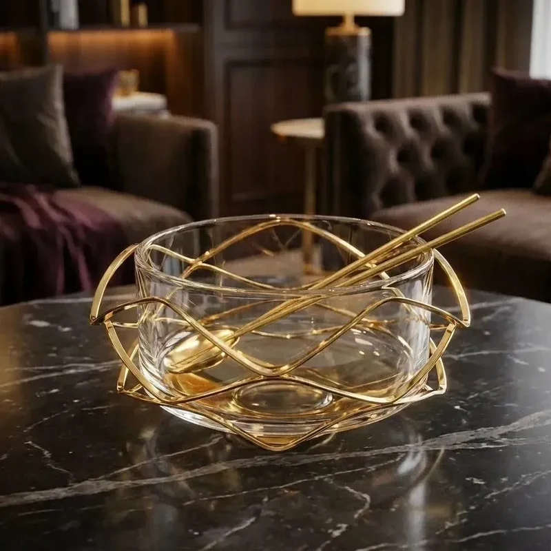 Saladeira Diamante Inox com Revestimento em Ouro 24K e Par de Talheres Riva