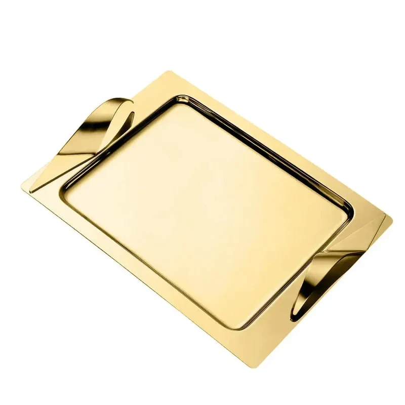Bandeja Sava Craquele Retangular Grande Inox com Ouro 24K Riva