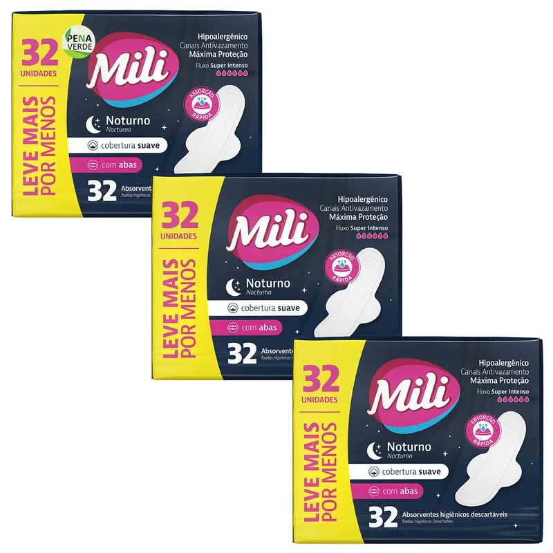Fardo Com 3 Pacotes Absorvente Com 32 Unidades Noturno Mili Com Abas - Kit 96 Absorventes Para Fluxo Super Intenso