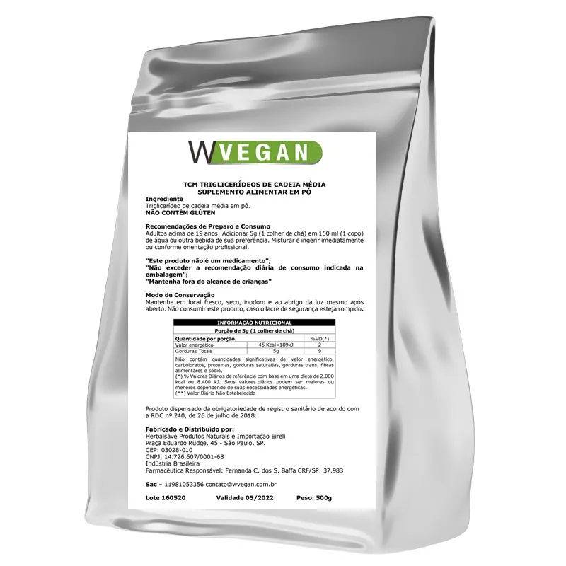 Tcm Trigliceridos de Cadeia Media 500g 500 gramas em pó pura WVegan mct