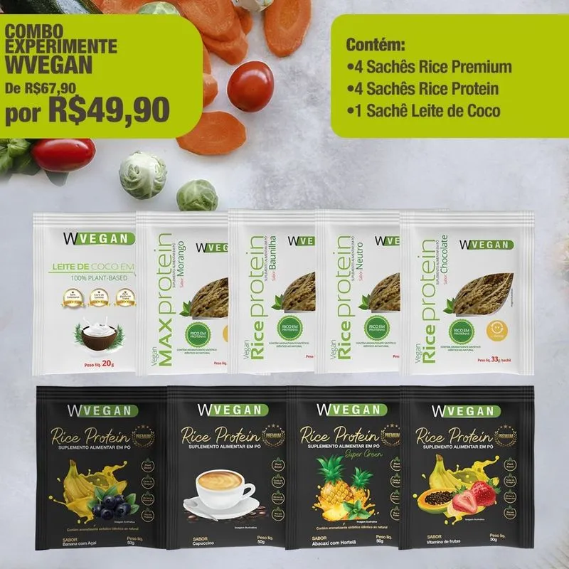 Combo Experimente WVegan - 4 Saches Rice Protein Premium + 4 Saches Rice Protein + 1 Sache Leite de Coco