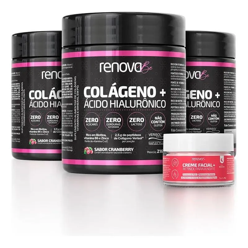 3 Potes Colágeno Verisol Renova Be + 1 Creme Facial Retinol
