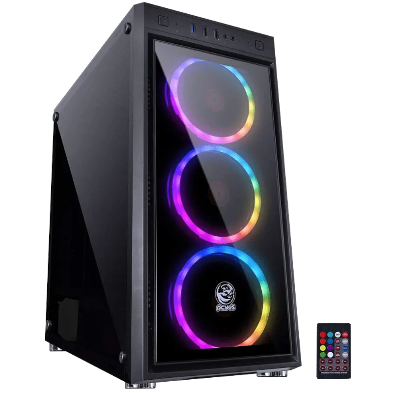 Gabinete PCYES Jupiter JUPPT7C3FCV MID-TOWER Preto Com 3 Fans LED RGB Frontal e Lateral em Vidro Temperado