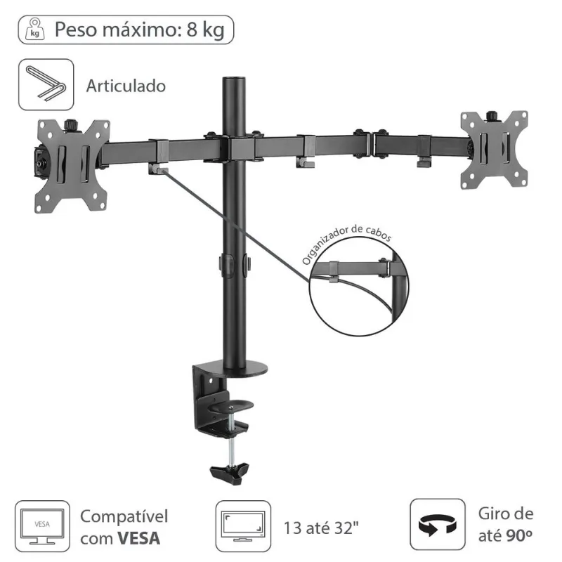 Suporte Articulado Para 2 Monitores 13""-32"" Vesa 100x100 Sm-341a