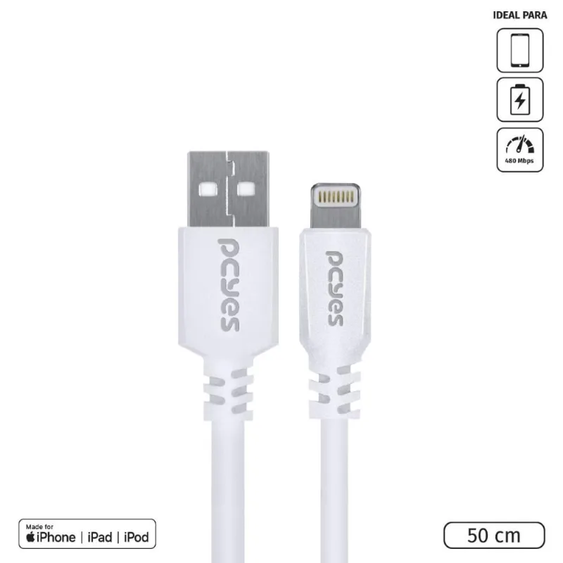 Cabo USB a 2.0 para Lightning para iPhone com Certificado mfi 50CM Branco - PUALB-05