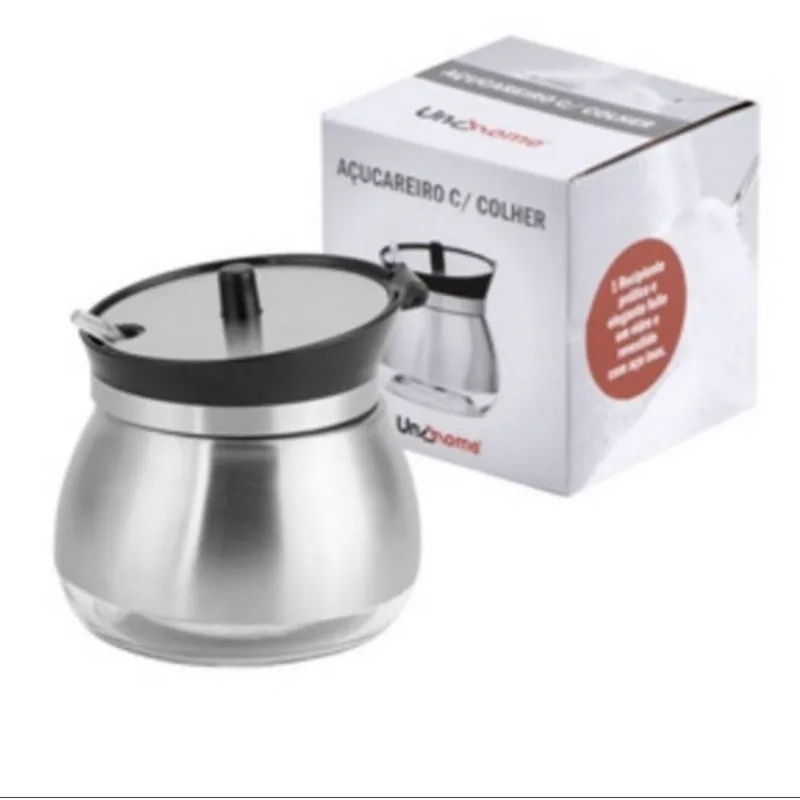 Açucareiro Com Tampa De Vidro Revestido Em Aço Inox Com Colher