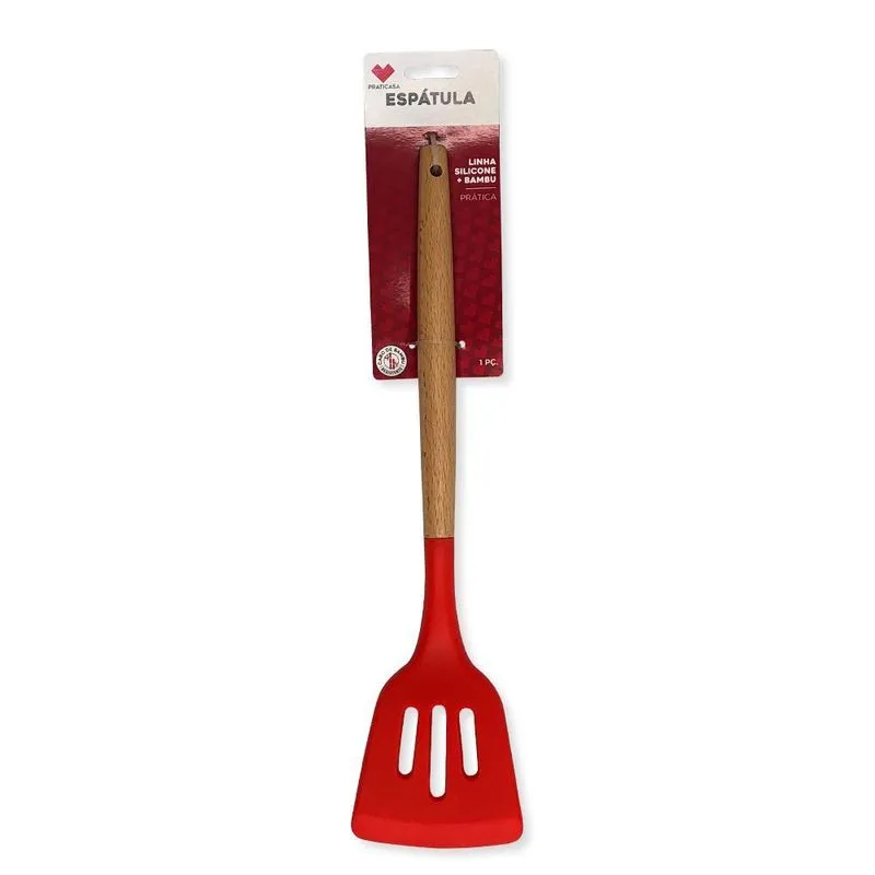 Espátula Vazada Cozinha Silicone Cabo De Bambu 33Cm
