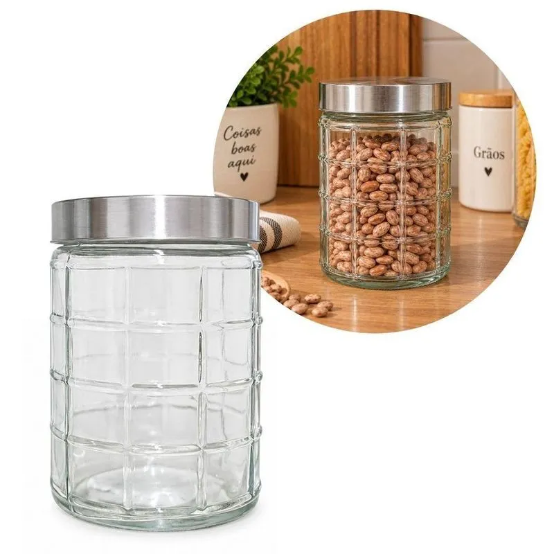 Pote De Vidro Redondo Porta Mantimentos Design Quadriculado 1200ml Tampa Prateada Para Cozinha