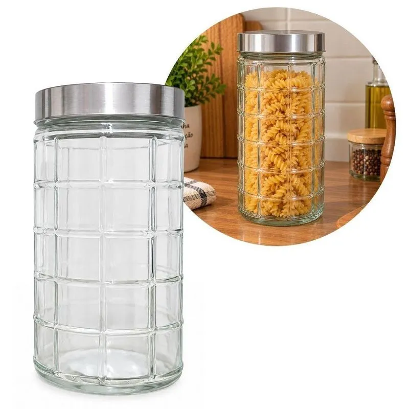 Pote De Vidro Redondo Porta Mantimentos Design Quadriculado 1700ml Tampa Prateada Para Cozinha