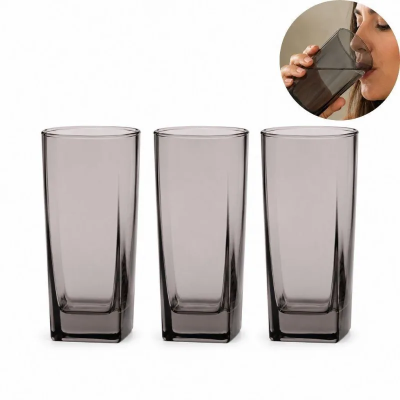 Kit 3 Copos Texas Vidro Quadrado para Agua Suco Bebidas Cozinha Cinza