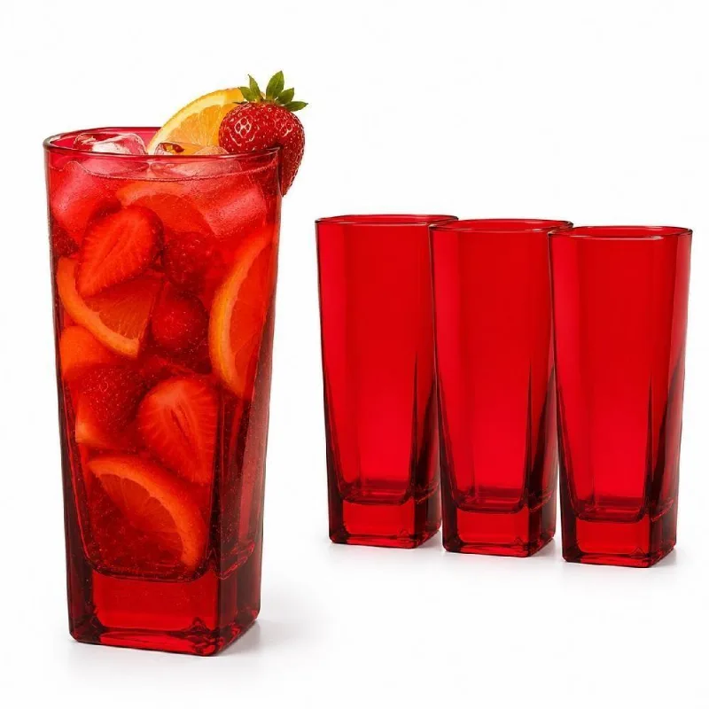Conjunto de Copos Vintage Quadrados para Suco Agua Drink Vidro Vermelho Praticasa 315ML 3