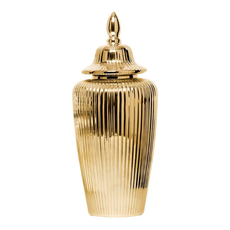 Pote / Vaso Grande de Cerâmica Dourado - Canelado Com Tampa
