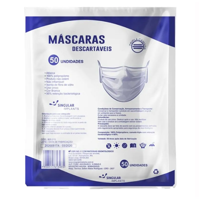 Máscara Descartável 50 unidades Tripla Camada 800015 Singular