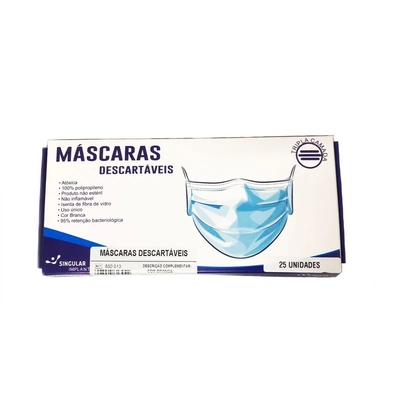 Máscara Descartável 25 unidades Tripla Camada Singular