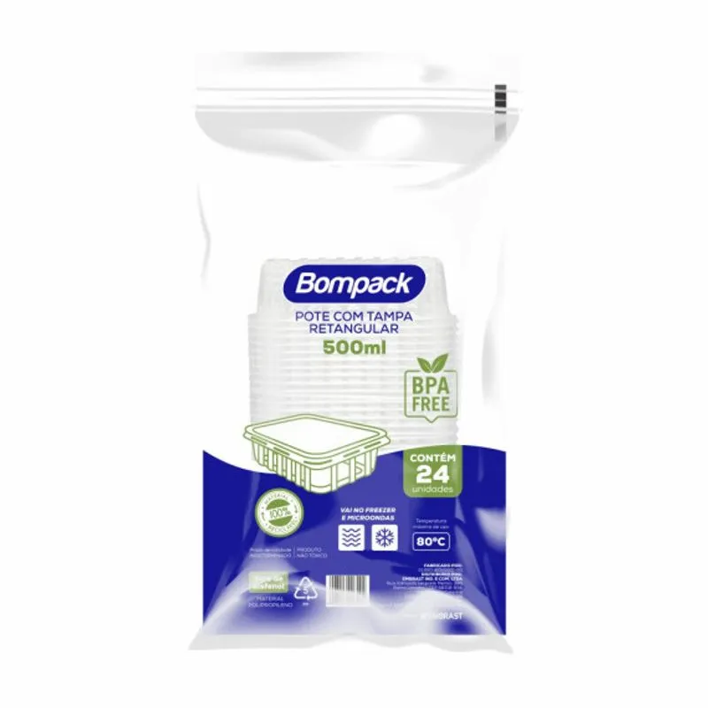 Pote BOMPACK Retangular com Tampa 500ml com 24 unidades