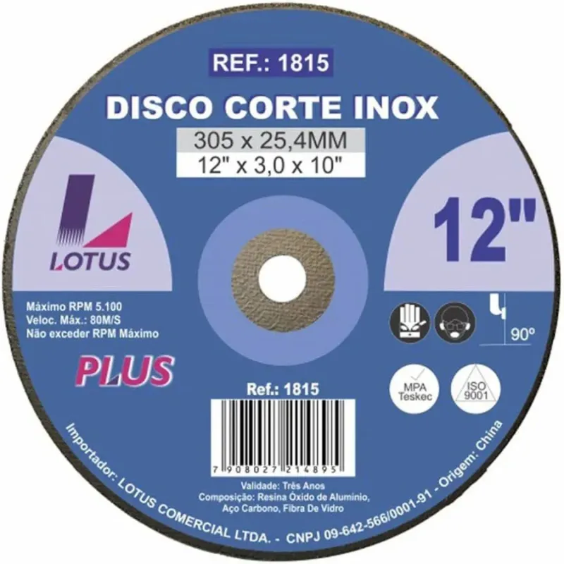 DISCO DE CORTE INOX 12 x 3,0 x 1 PLUS LOTUS