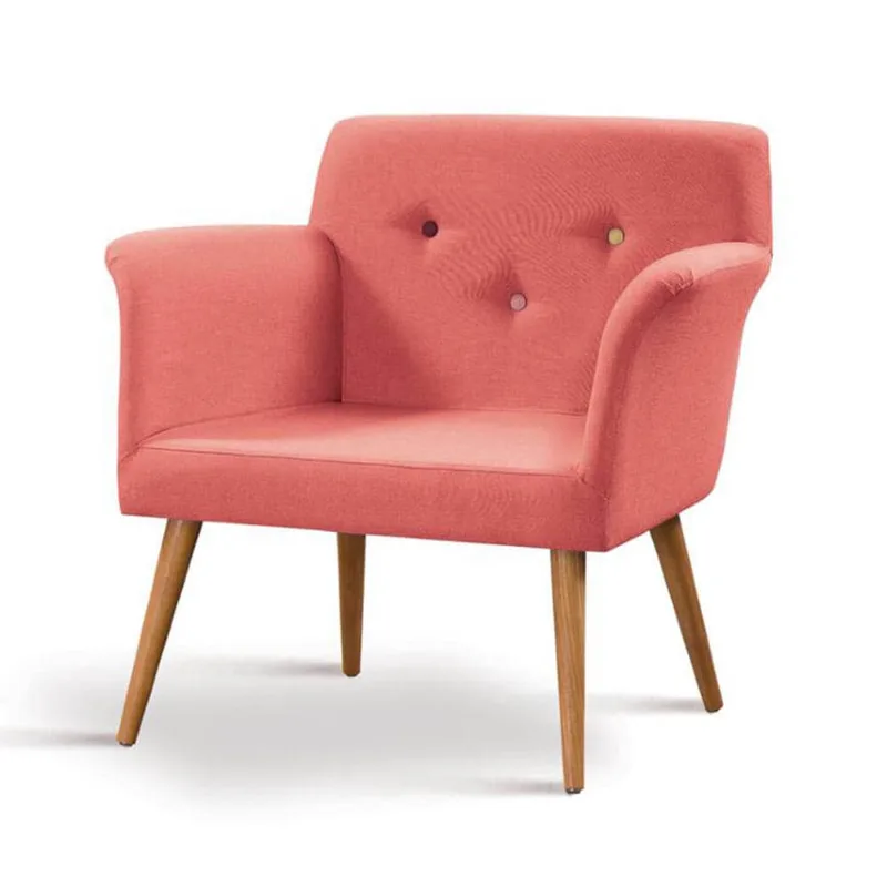 Poltrona Chaplin Linho com Botonê Coral Base Palito Mel T1077