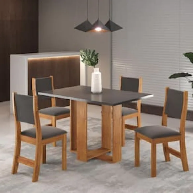 Mesa de Jantar Retangular Viero Caiena com 4 Cadeiras Estofadas e Revestidas em Veludo Grafite