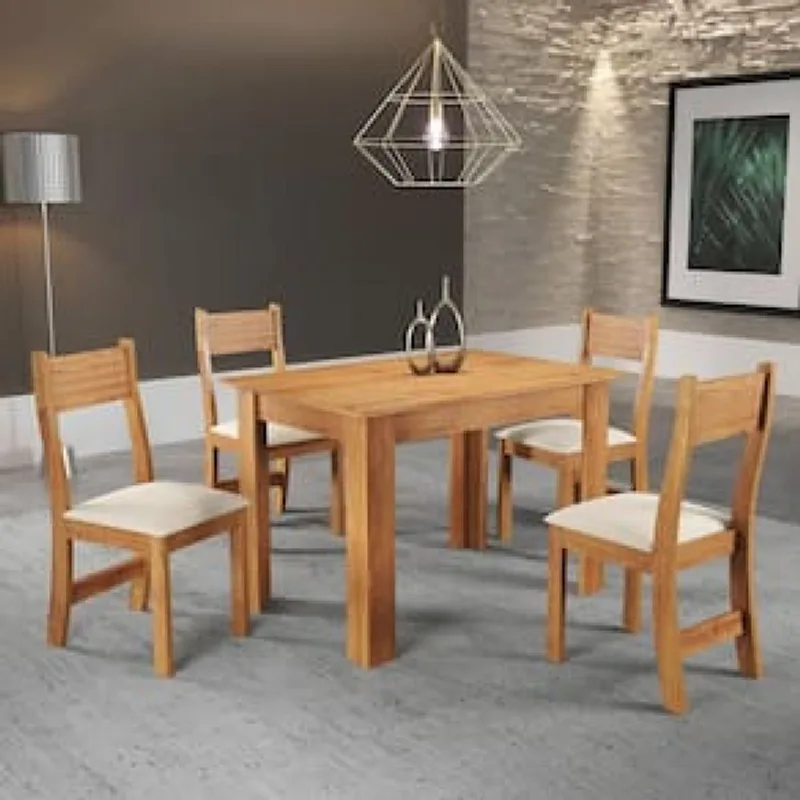 Mesa de Jantar Retangular Viero Tulipa com 4 Cadeiras Estofadas e Revestidas em Veludo Bege Claro