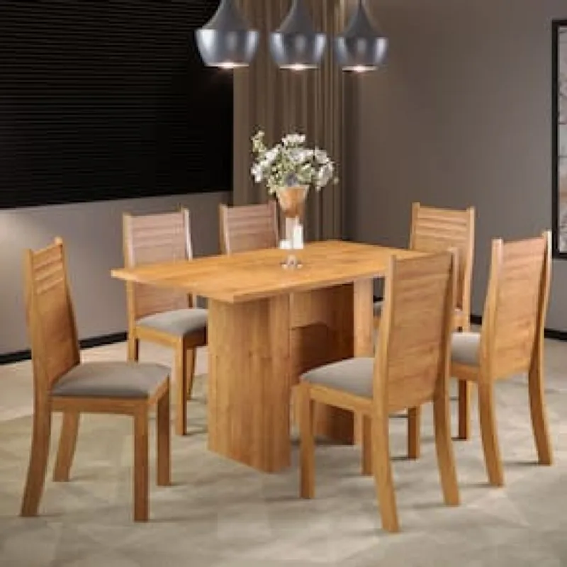 Mesa de Jantar Retangular Viero Carmen com 6 Cadeiras Estofadas e Revestidas em Veludo Mostarda