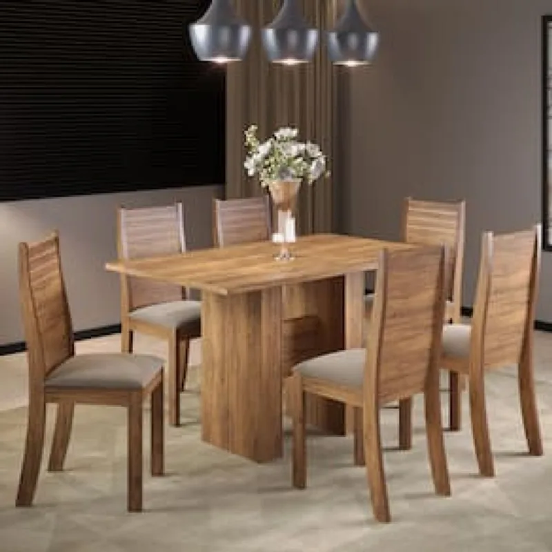 Mesa de Jantar Retangular Viero Carmen com 6 Cadeiras Estofadas e Revestidas em Veludo Marrom Chocolate