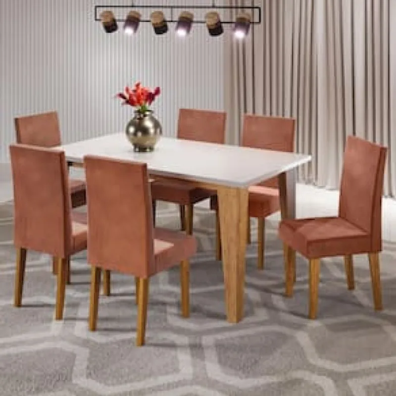 Mesa de Jantar Retangular Viero Milão com 6 Cadeiras Vênus Estofadas e Revestidas Coral