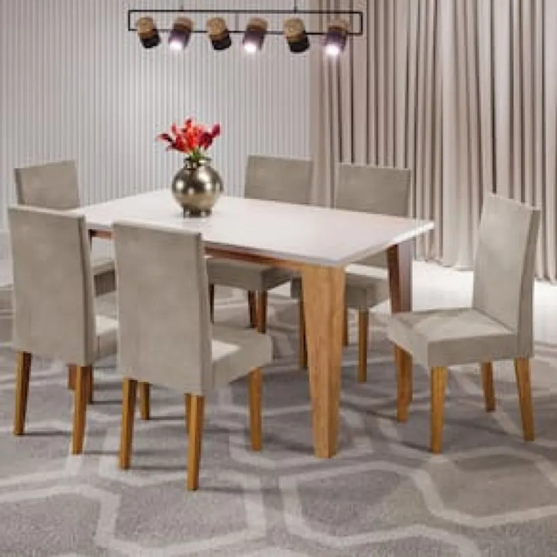 Mesa de Jantar Retangular Viero Milão com 6 Cadeiras Vênus Estofadas e Revestidas Bege