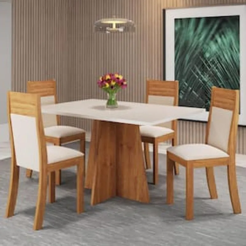 Mesa de Jantar Retangular Viero Vivere com 4 Cadeiras Roma Estofadas e Revestidas Bege