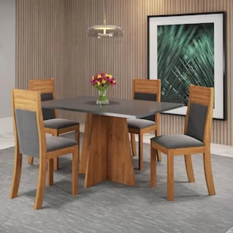 Mesa de Jantar Retangular Viero Vivere com 4 Cadeiras Roma Estofadas e Revestidas Grafite