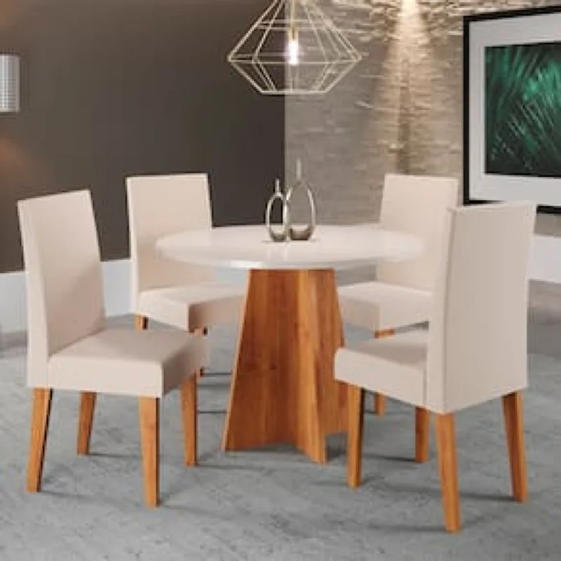 Mesa de Jantar Redonda Viero Criative com 4 Cadeiras Vênus Estofadas e Revestidas Off White