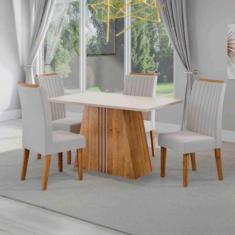 Mesa de Jantar 4 Cadeiras Viero Lumina Estofada Veludo Bege Claro