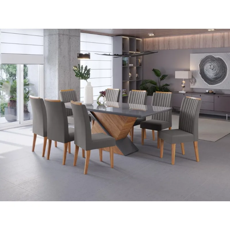 Conjunto Mesa de Jantar Viero Atlantis 200x90cm 8 Cadeiras Estofadas Tampo de Vidro Revestimento em Veludo Grafite