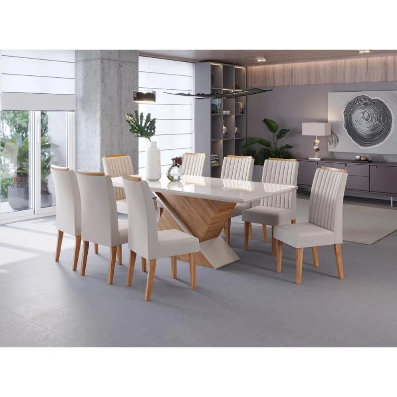 Conjunto Mesa de Jantar Viero Atlantis 200x90cm 8 Cadeiras Estofadas Tampo de Vidro Revestimento em Veludo Off White