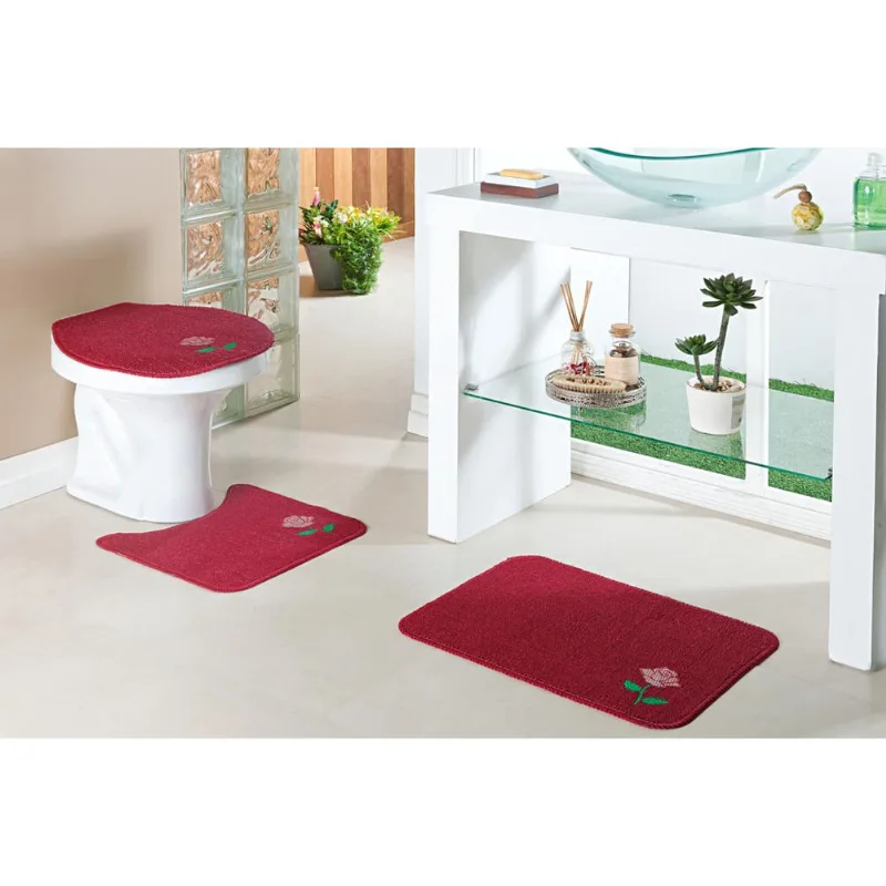 Tapete Para Banheiro 3 Peças Bordado Flor Patch Oásis