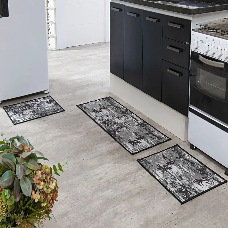 Conjunto Cozinha Tapete 3 Peças Antiderrapante Kit Cozinha Mármore