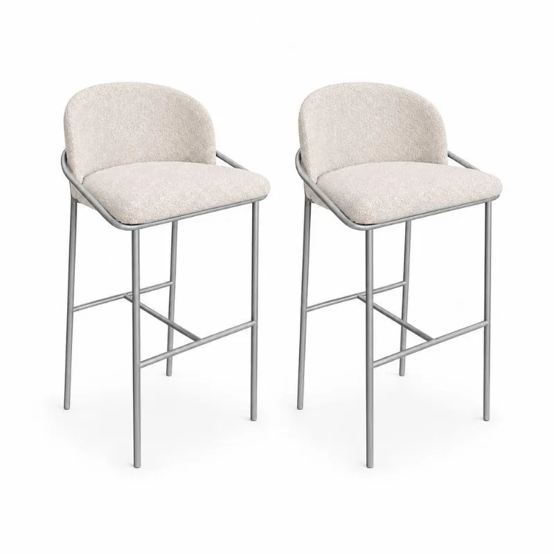 Kit 2 Banquetas Lívia Base Ferro Estofado Tecido Bouclê Bege