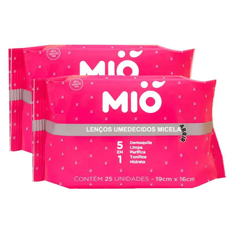 Kit 2 Lenço Umedecido Mió Micelar 5 em 1 25 Unidades