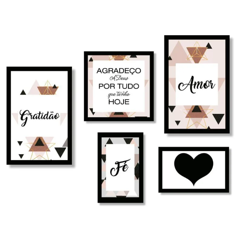 Kit 5 Quadros Decorativos Frases Amor Fé Gratidão Placa Sala