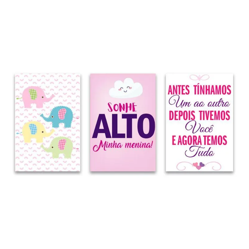 Kit 3 Placas Decorativas Infantil Frase Sonhe Mdf 20x30 Cm