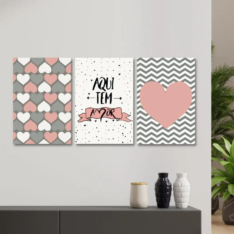 Quadros Decorativos Sala Frase Aqui Tem Amor Kit 3 Placas