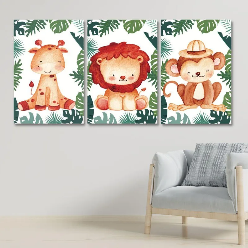 Kit 3 Quadros Safari Infantil Quarto Criança Placas Mdf