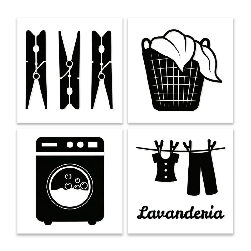 Kit 4 Quadros Decorativos Lavanderia Casa Sala Placas Mdf