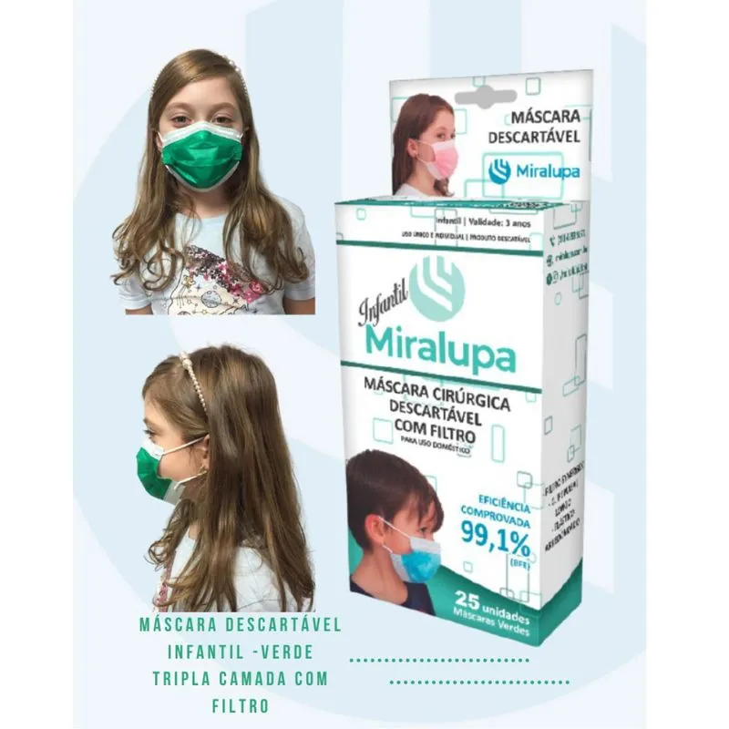 Máscara Infantil Miralupa Com Filtro 50 Un - Verde