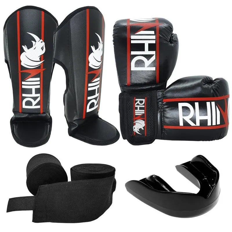 Kit Muaythai Rhino Luva Boxe + Caneleira + Bandagem + Bucal