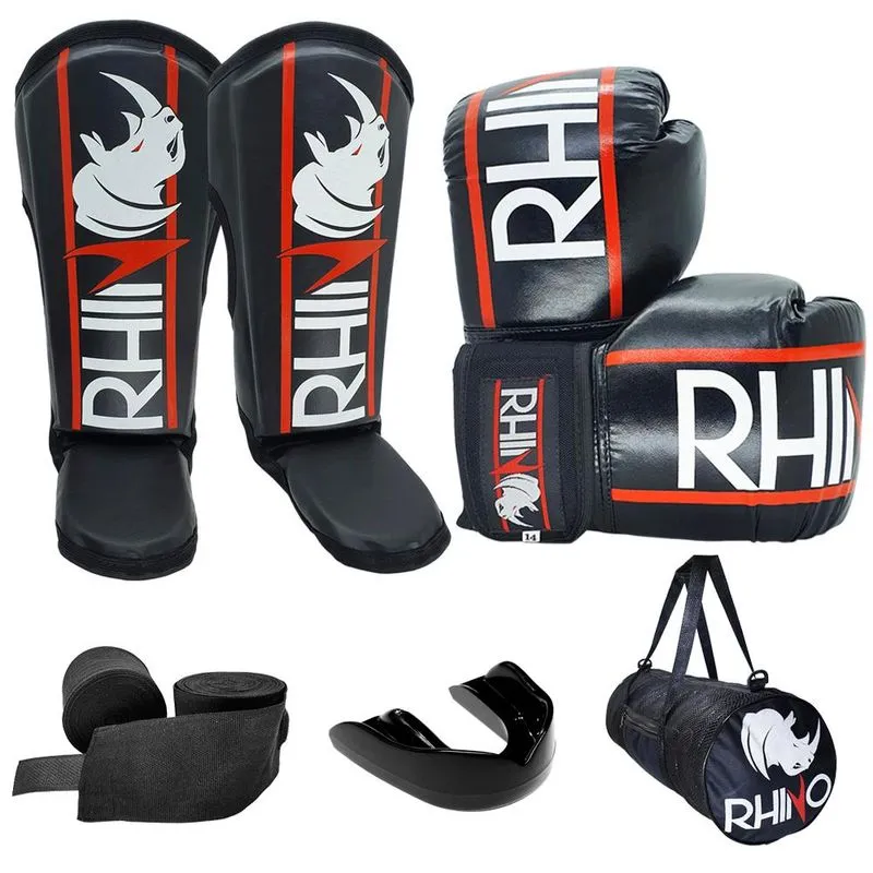 Kit Muaythai Rhino Luva Caneleira Bandagem Bucal Bolsa - 16oz