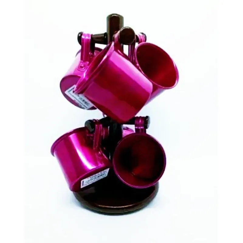 Suporte De Caneca Em Madeira Com 6 Canecas Alumínio Rosa